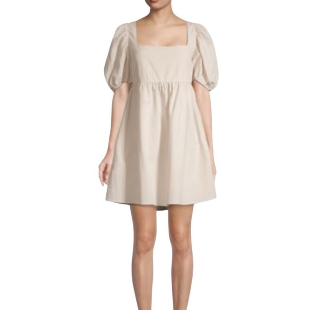 Square-Neck Puff Sleeve Mini Dress in Cream